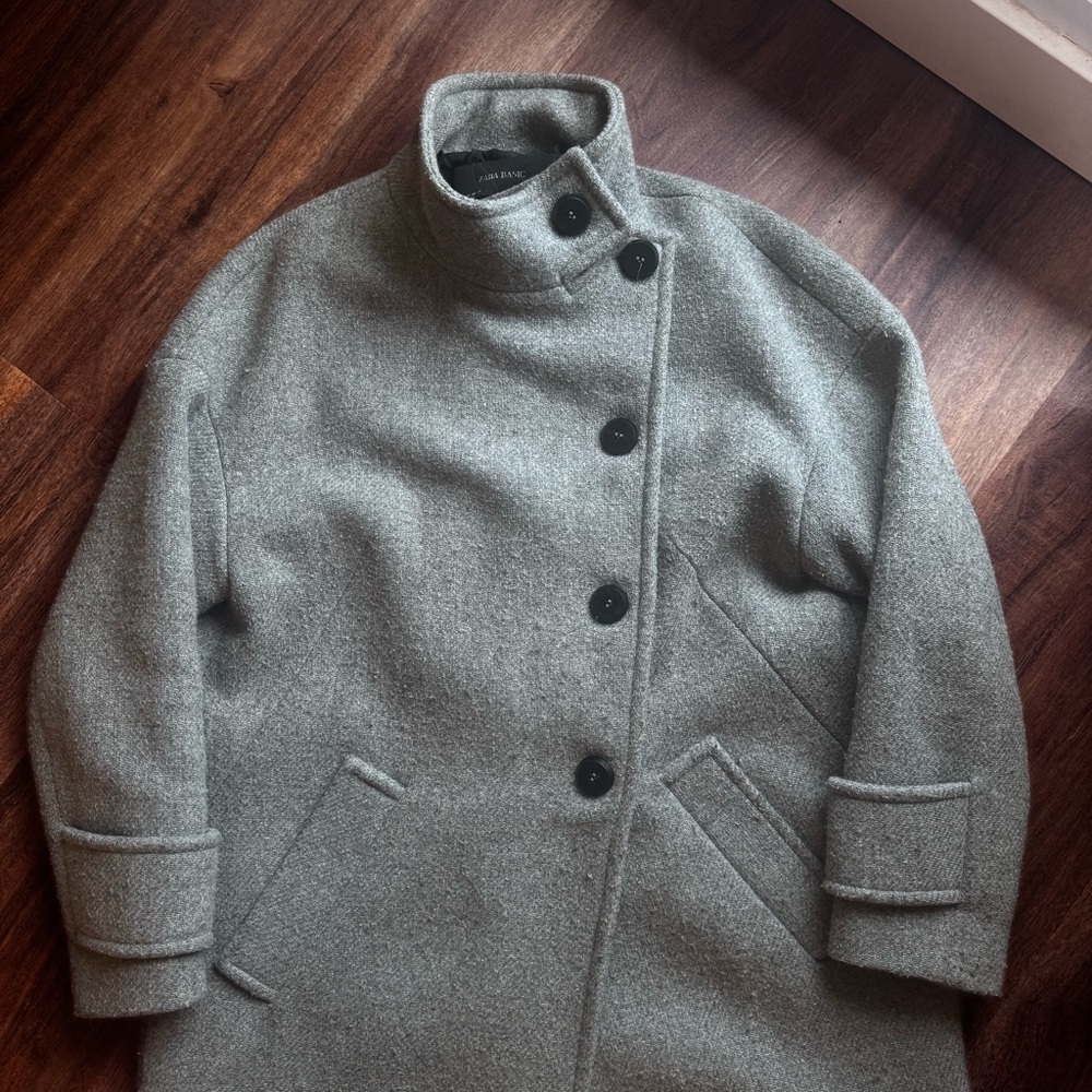 ZARA Wool Blend Grey Trench Coat Button Down  High Neck Jacket Minimalist Chic - Picture 5 of 8